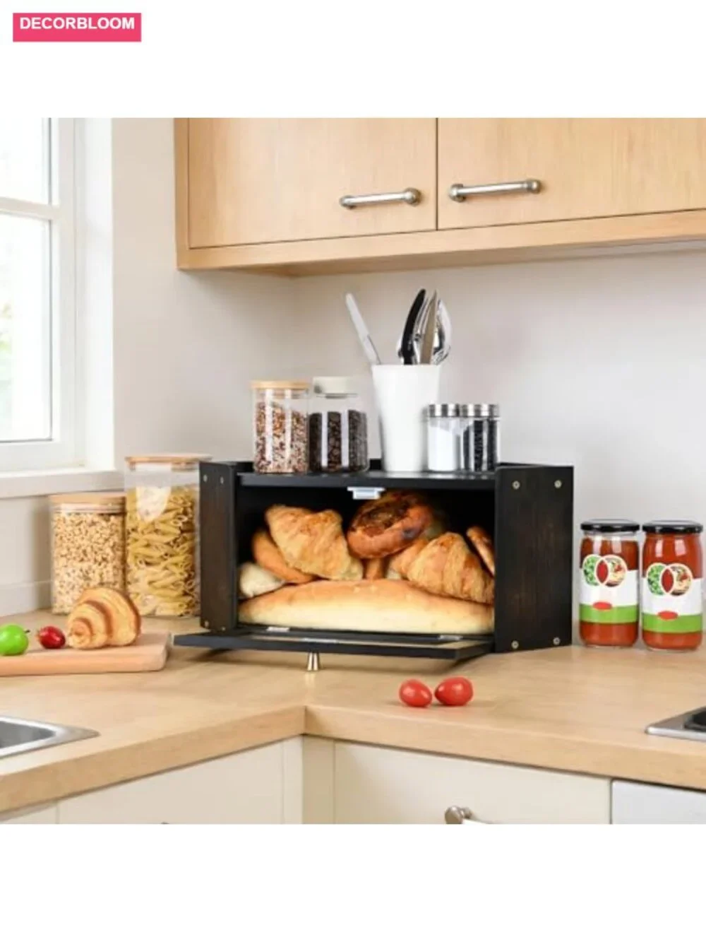 Bamboo Bread Box with Acrylic Window Black | Large Kitchen Countertop Bread
